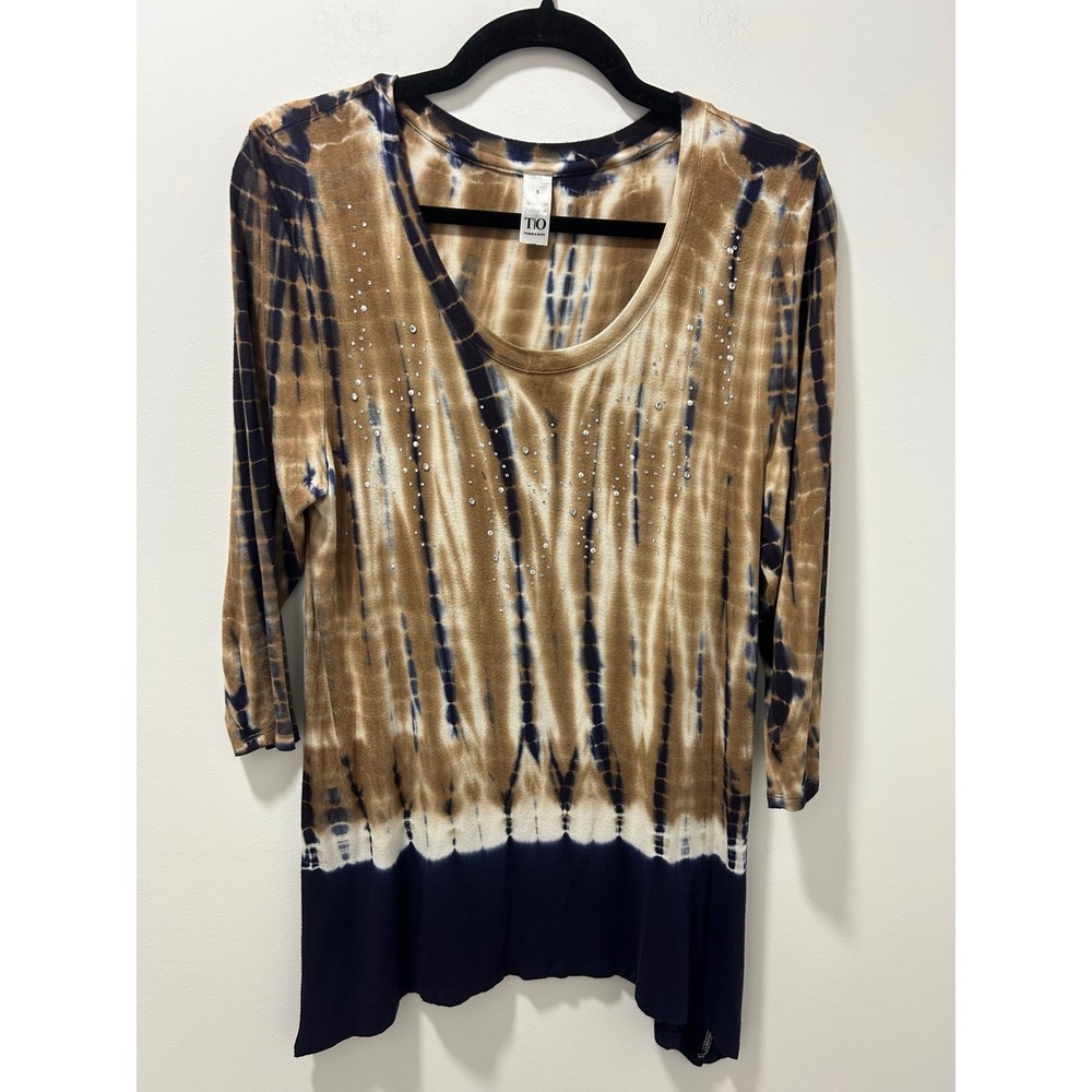 Thomas & Olivia Tie Dye Rhinestone Embellished Top Brown Navy Blue Small